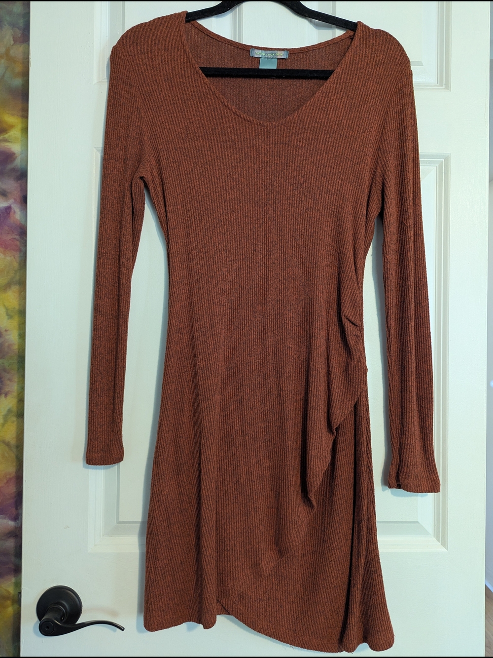 Good Luck Gem Ribbed Long Sleeve Dress in Rust